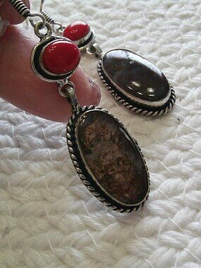 Natural RED MOSS AGATE & RED CORAL Handmade Sterling 925 Dangle Earrings #443E